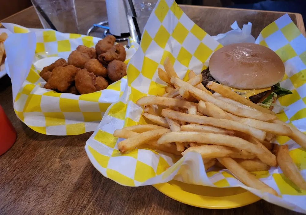 Dillon Burger with Fries and Fried Mushrooms
